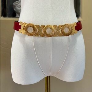 Vintage St John 90s Belt Gold XOXO Belt Buckle on Red Belt
